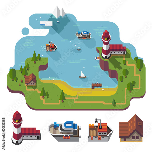 Isometric 3d near the sea landscape, rural, fishermen village with the lighthouse on the hill. Different boats, barn isolated. Flat vector stock illustration with isolated element.