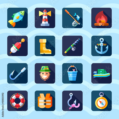 Real men's hobby! Let's go fishing! Here's everything that we need there: rod, bonfire, float, boots, hook, bucket, boat, compass, life vest, lure. Flat vector illustration set.