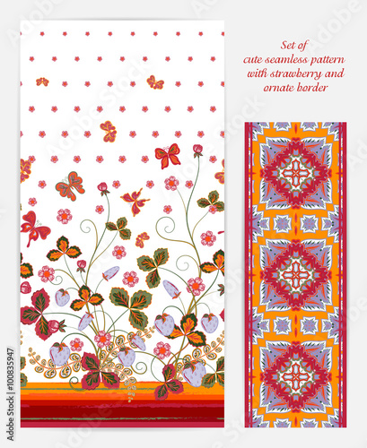 Set of Bright vertical seamless pattern with a orange brown strawberry  leaves flowers and butterfly on white background also ornate border  ribbon tape band edging  