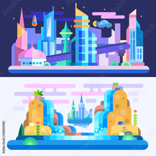 City of future! Amazing alien-look landscape and city scape with floating town, skyscrapers, flying cars, waterfalls on another planet. Flat vector illustration set.