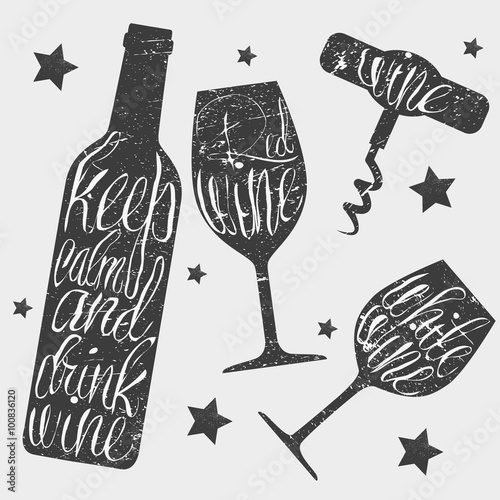 Wine bottle, glass and corkscrew vector illustration in vintage style. Hand drawn chalkboard. Chalk lettering.