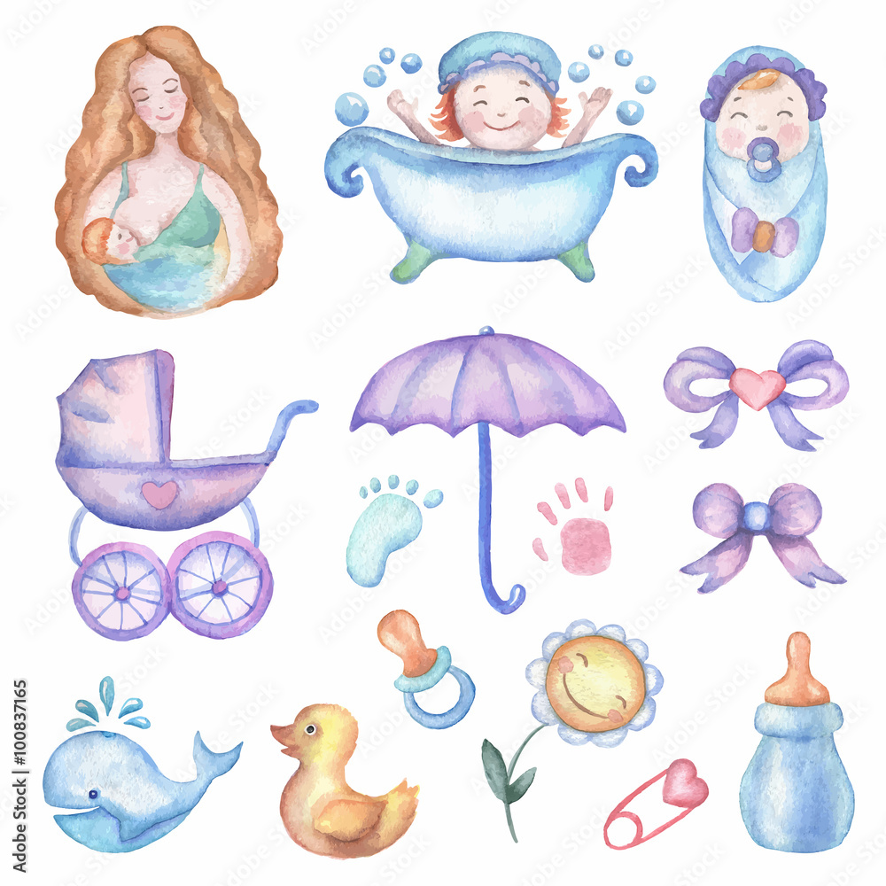 Watercolor baby shower vector set of design elements. Stock Vector ...