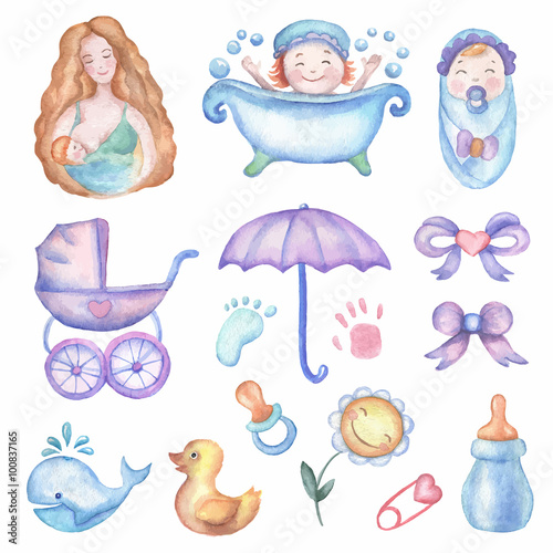 Watercolor baby shower vector set of design elements.