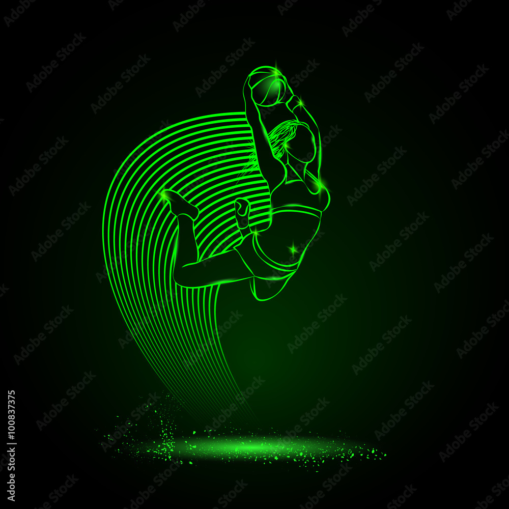 Fototapeta premium Basketball. The girl with the ball is jumping. neon style
