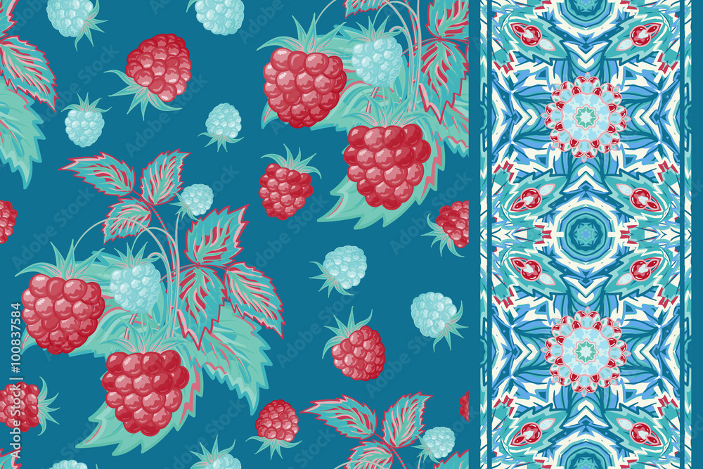Set of vector seamless pattern with red blue raspberries and border (ribbon, tape, band, strip) in cartoon style. Hand drawn design for Thank you card, Greeting card or Invitation or fabric.