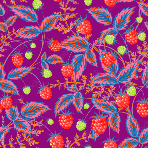 Seamless pattern with leaves and raspberry. Background for your design with bright, contrasting red berries and pink blue leaves on violet backdrop. Vector illustration.