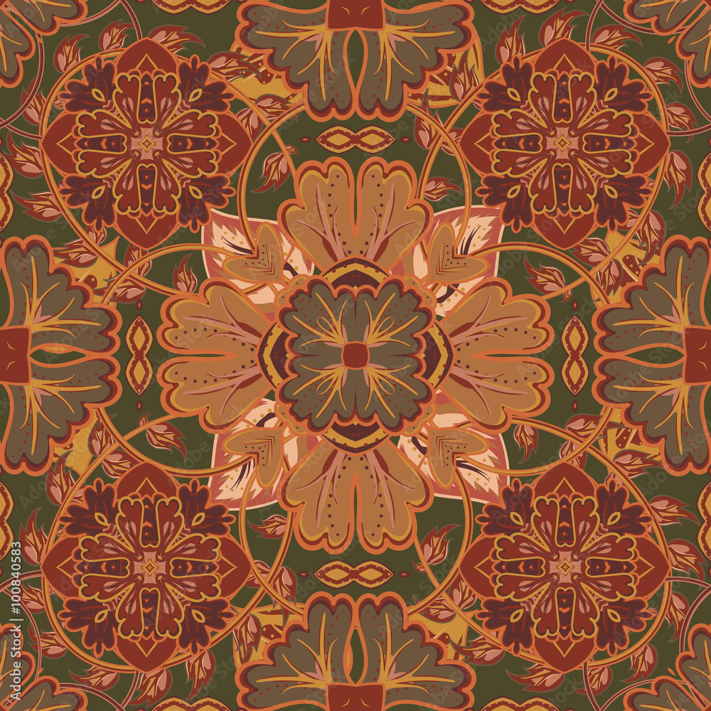 Colorful, glaze seamless pattern of mandalas. Vector oriental pattern on a bright brown tones. Fairy floral pattern of circular elements.Can be used for textiles, carpet, tile, shawl.