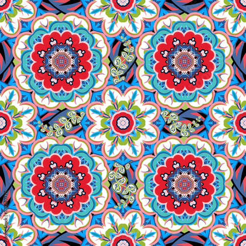 Oriental traditional ornament  Mediterranean seamless pattern  tile design  vector illustration. Vector bright blue red pattern.