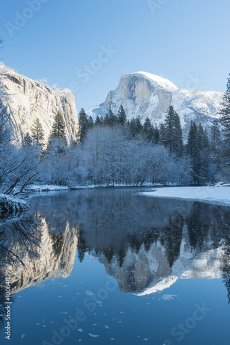 haft dome reflection in yosemite national park winter