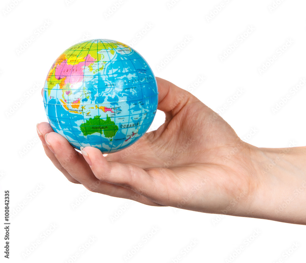 small model of the globe in the hand of the girl on a white back small model of the globe in the hand of the girl on a white back