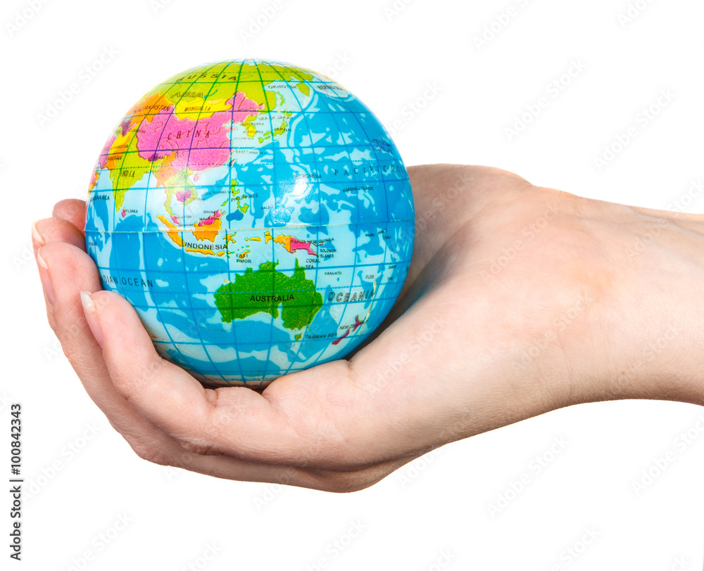 small model of the globe in the hand of the girl on a white back small model of the globe in the hand of the girl on a white back