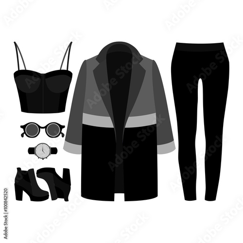 Set of trendy women's clothes. Outfit of woman coat, jeans, bustiers top and accessories. Women's wardrobe. Vector illustration