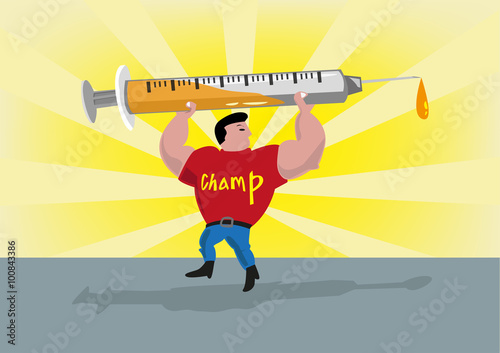 Athlete Lifts Up a Syringe. Doping Concept. Editable Clip Art.
