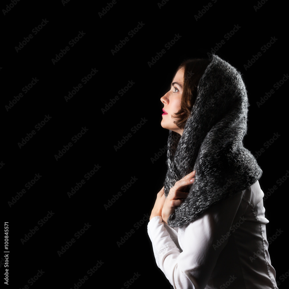 Model Facing Sideways Scarf Head Looking Up Model Facing Sideways Scarf Head Looking Up