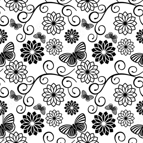 Black and white seamless pattern with decorative flowers and butterflies
