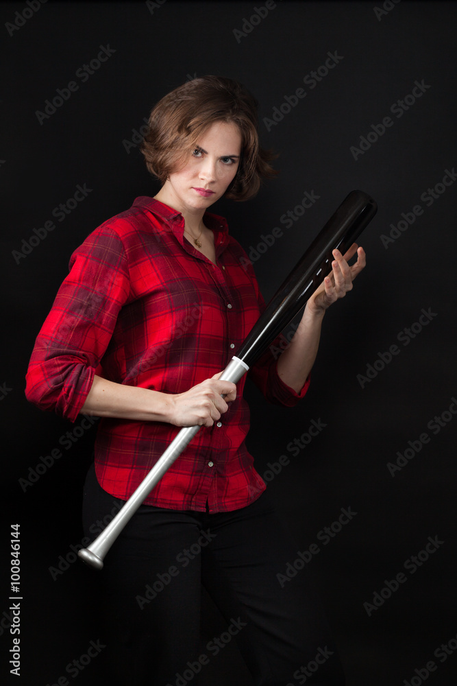 Model Red Flannel Shirt Holding Baseball Bat Model Red Flannel Shirt Holding Baseball Bat