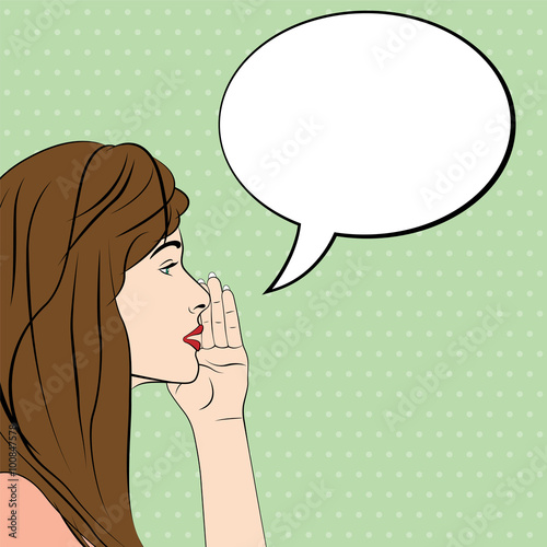 Woman with speech bubble, comics style. Vector