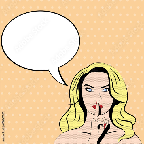 Woman put her finger to her lips, calling for silence. Concept pop art. Vector illustration