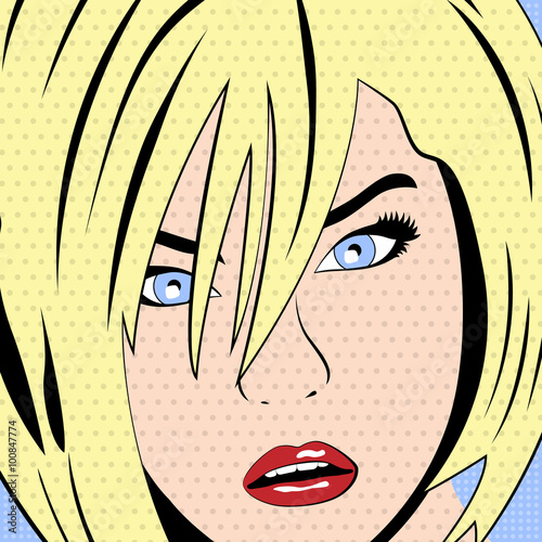 Pop Art illustration of woman with the speech bubble. Close-up. Comic illustration