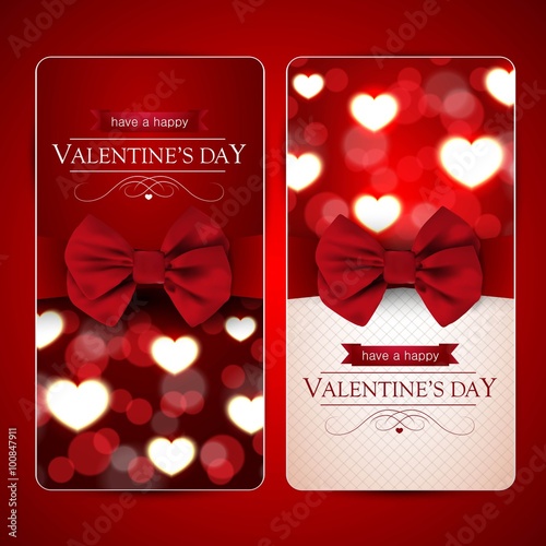 Valentines day cards with bow and shiny hearts, set of two.
