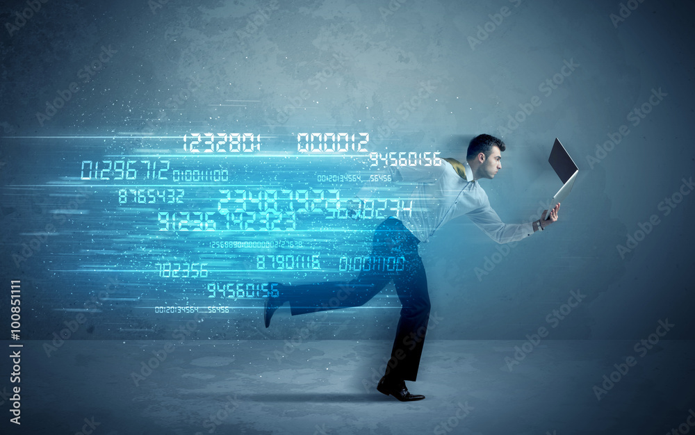Business man running with device and data concept Business man running with device and data concept