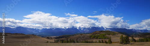Snowy mountain peaks panorama