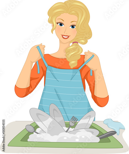 Girl Dish Washer Putting Apron On