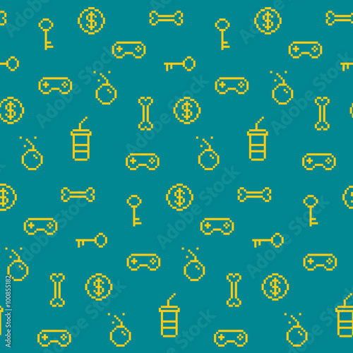 Seamless oldschool gaming inspired pattern, game icons, achievem