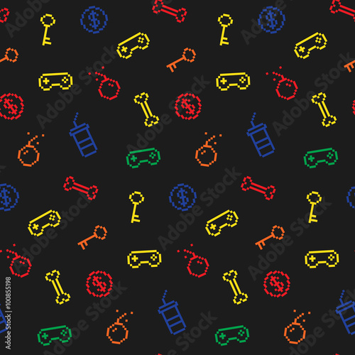Seamless oldschool gaming inspired pattern, game icons, achievem