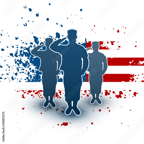 Saluting soldiers silhouette on american flag background