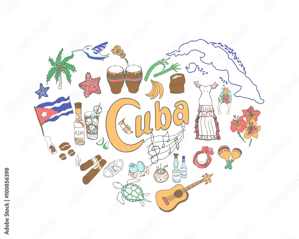 Set of hand drawn Cuba icons, heart shape, Cuban sketch illustration, doodle elements, Isolated national elements made in vector. Travel to Cuba icons for cards and web pages Set of hand drawn Cuba icons, heart shape, Cuban sketch illustration, doodle elements, Isolated national elements made in vector. Travel to Cuba icons for cards and web pages