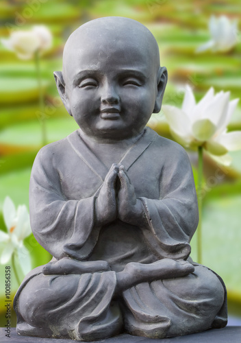 Bouddha enfant sur fond plantes aquatiques