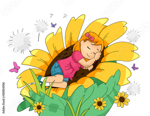 Kid Girl Sleeping Giant Sunflowers