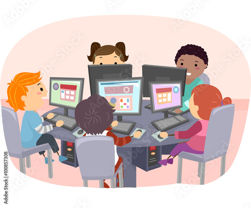 Stickman Kids Using Computers