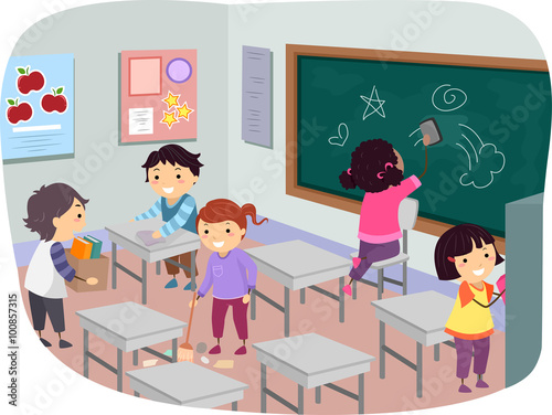 Stickman Kids Clean Classroom Together