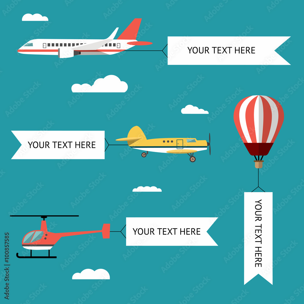 Aeroplane, planes, helicopters, biplane and hot air balloon. Set of colorful flat air transports with cloud. Vector illustration