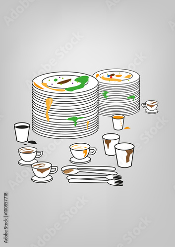 Messy Plates and utensils. Kitchen Cleaning Supply concept. Editable Clip Art
