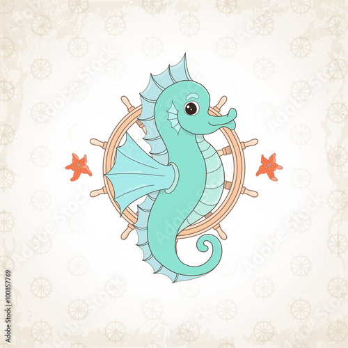 Childish vector seahorse with textural background