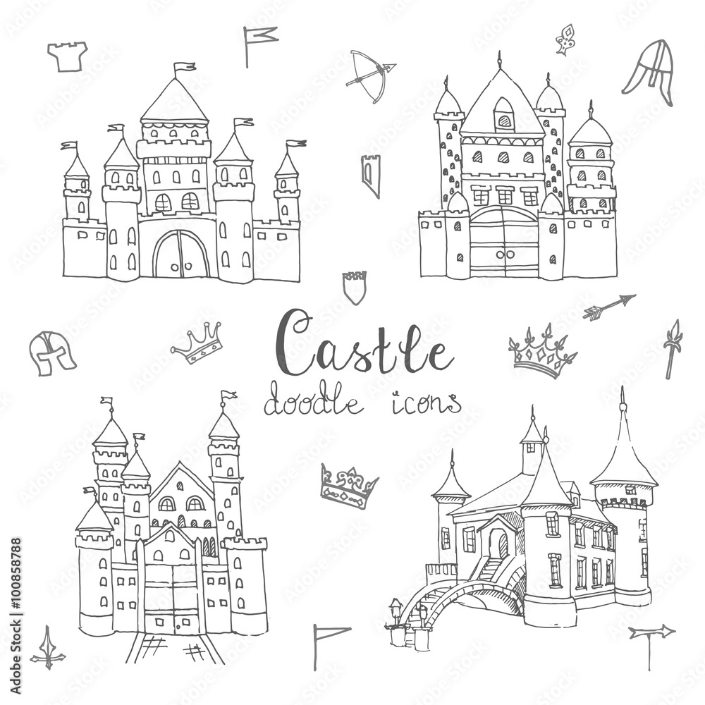 Set of hand drawn cartoon fairy tale castle icons, castle doodle vector sketch with set of fairytale, game icons - crossbow, arrow, knight helmet, flag,  crown