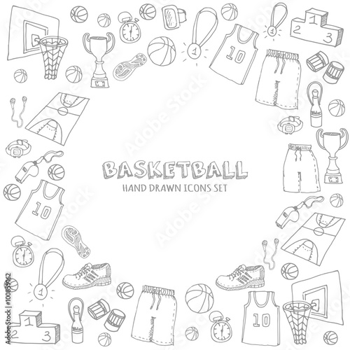 Hand drawn doodle basketball set. Vector illustration. Sketchy sport related icons, basketball elements, ball, hoop, net, basket, backboard, number, sport wear, sport shoes, winner cup