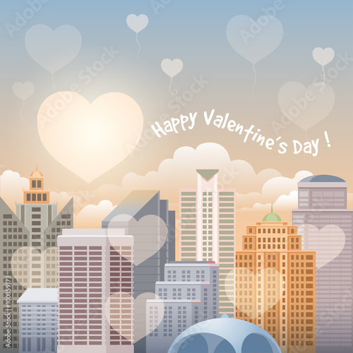 Cityscape with sunlight due to the buildings at sunrise (sundown). Flying hearts over the city. Happy Valentines Day Card. Vector illustration.