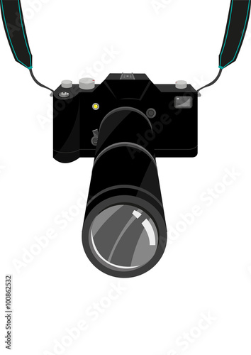 An expensive SLR Film or Digital Single Lens Reflex DSLR Camera with strap and zoom lens. Editable clip art.