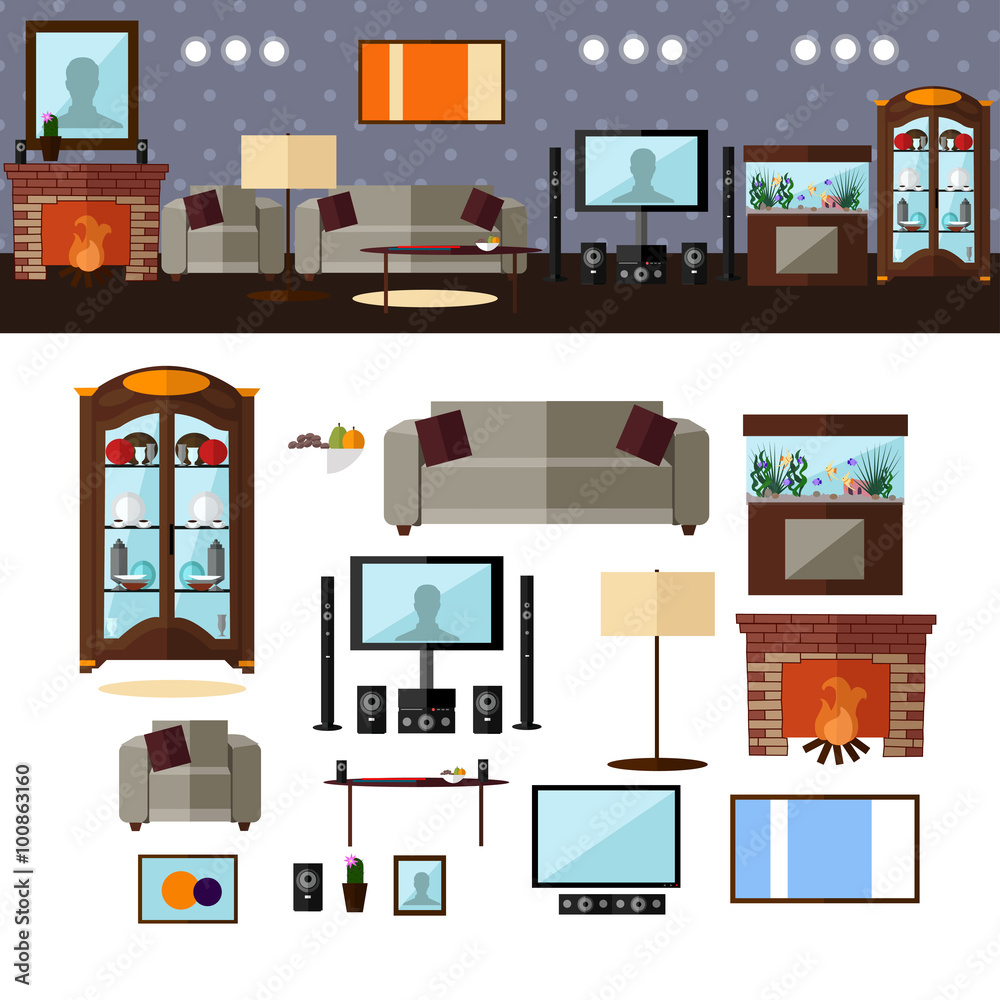 Living room interior with furniture. Vector illustration in flat style. Home related design elements and icons Living room interior with furniture. Vector illustration in flat style. Home related design elements and icons