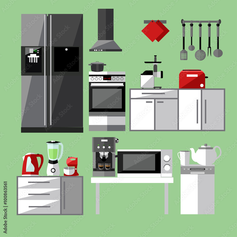 Modern kitchen appliances set. Vector illustration in flat style design.  Design elements and icons, utensils, tools. Room furniture. Stock Vector |  Adobe Stock