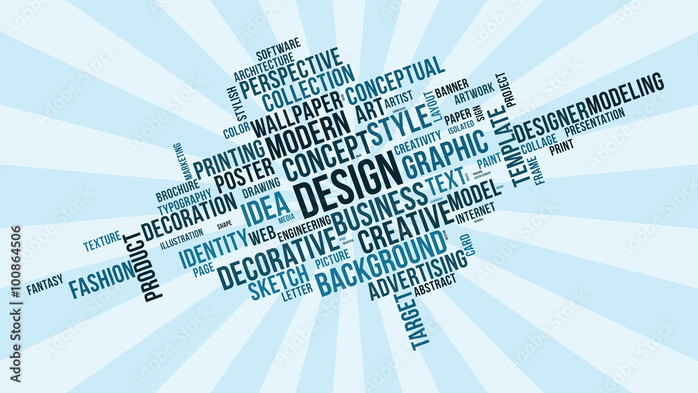 DESIGN word cloud. Dark blue tag cloud. Vector graphics illustration.