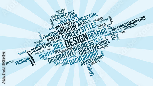 DESIGN word cloud. Dark blue tag cloud. Vector graphics illustration.