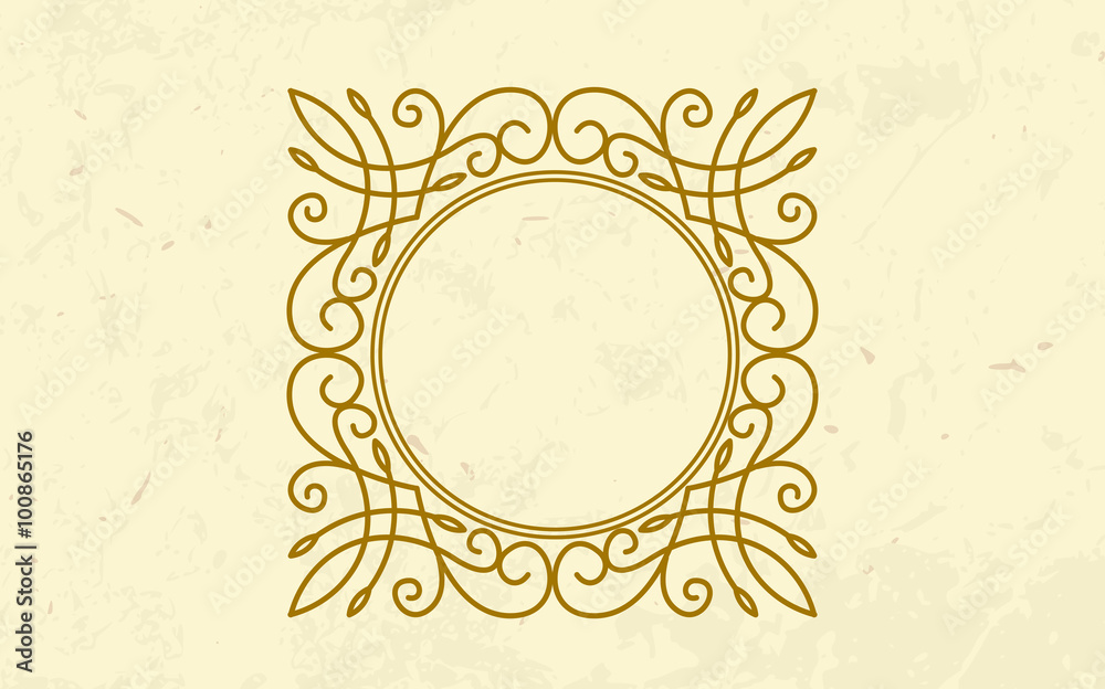 Golden twirl round luxury frame elegant design. Place for monogram or logo.  Curved line floral ornament on old paper background. Stock Vector | Adobe  Stock