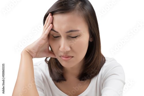 Woman having a headache isolated on white background