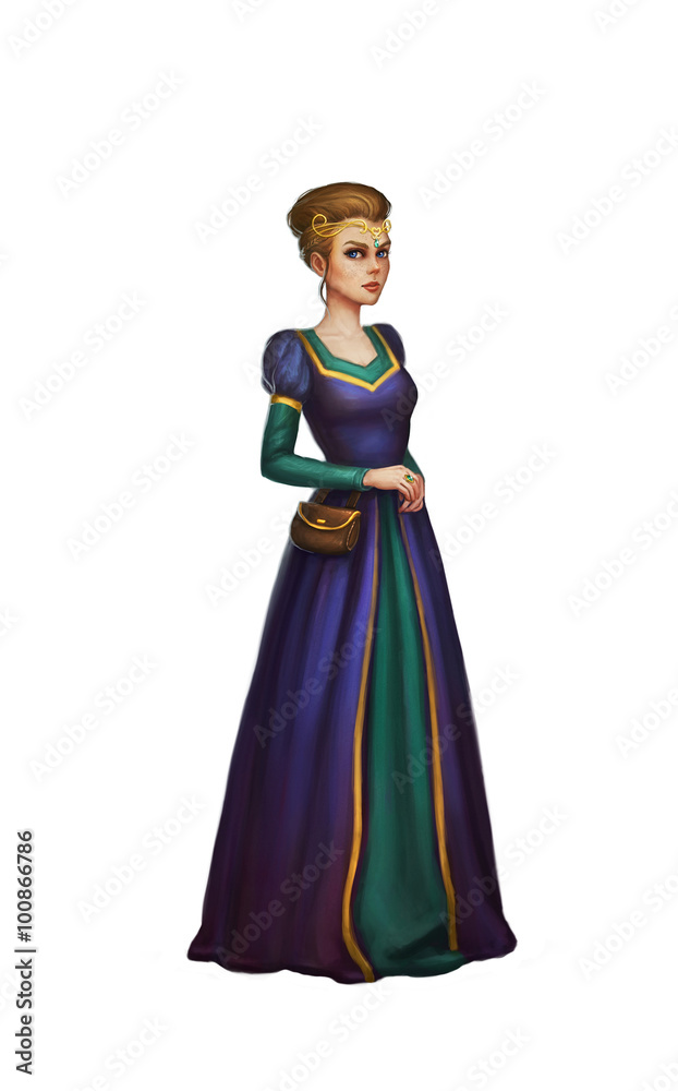 Illustration of fantasy princess in dress with tiara realistic isolated