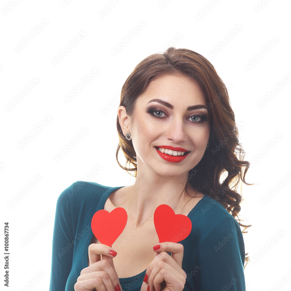 Funny Joyful Girl with Valentine Hearts over her Eyes. Laughing Young Woman in love. Isolated on a White Background Funny Joyful Girl with Valentine Hearts over her Eyes. Laughing Young Woman in love. Isolated on a White Background